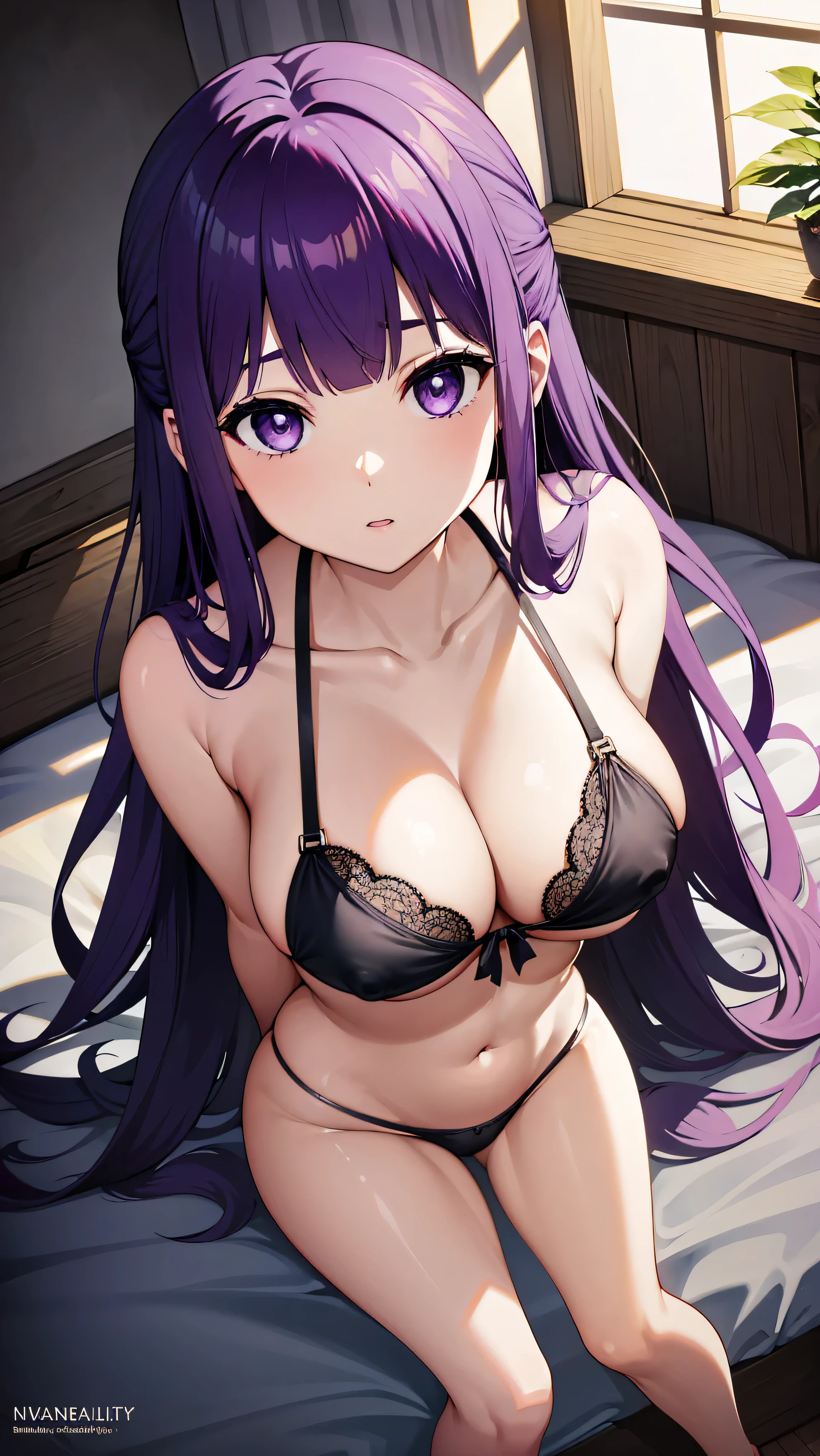 ４ｋqulity, top-quality, , big ,）on the beds, show , １６age,　sexypose, ultra-mini beautiful  and stockingewitchingbeauty legs, closing eye　Feeling face　Love　, show  rupture,black  , long straight purple hair, purple clean eyes