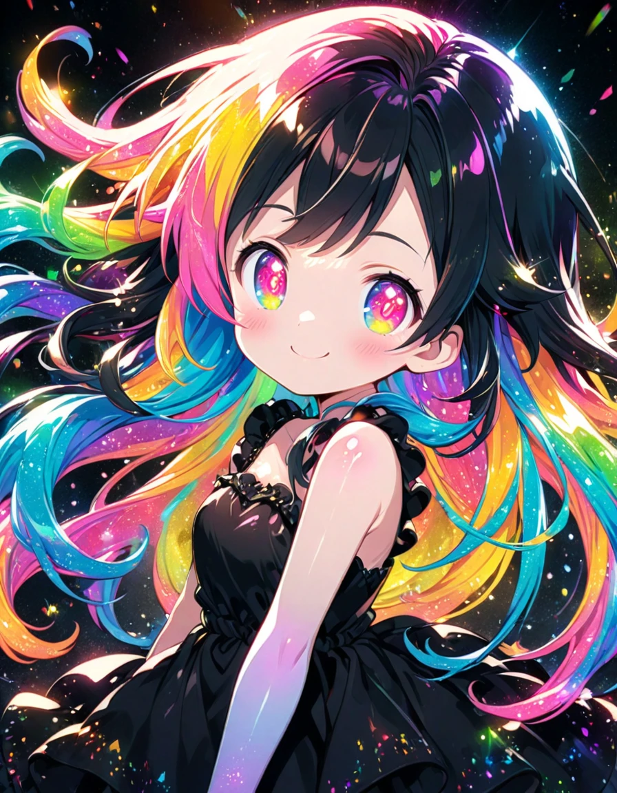 A girl with long rainbow hair, glowing rainbow eyes and an adorable smile wearing black dress, detailed anime style, fantasy illustration art, shiny glossy colorful lighting, glittery skin, glowing neon color palette, cute face --ar 3:4 --niji 6