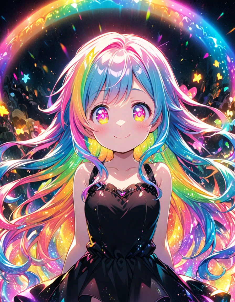 A girl with long rainbow hair, glowing rainbow eyes and an adorable smile wearing black dress, detailed anime style, fantasy illustration art, shiny glossy colorful lighting, glittery skin, glowing neon color palette, cute face --ar 3:4 --niji 6