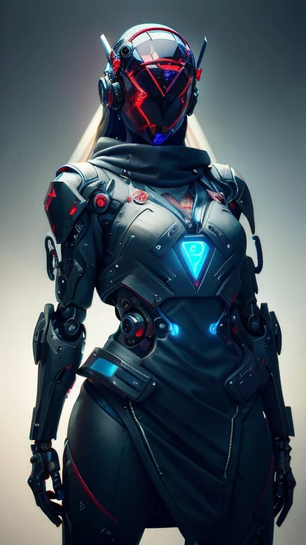 obra maestra, mejor calidad, a closeup of a futuristic looking cyborg girl with a fantastic cyber helmet head with red triangular LED lights and a halo, vestido con una chaqueta Techwear negra, cuerpo entero fondo blanco