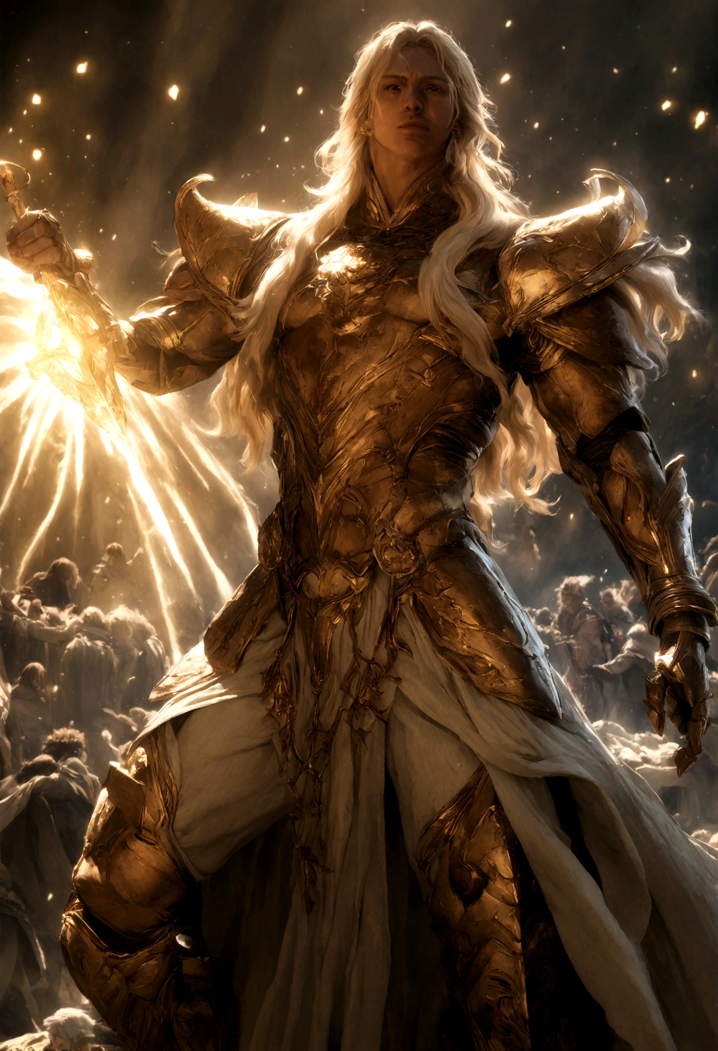 Imagem de um homem sereno no meio de nuvens de cristal (Jesus Cristo, Filho de Deus, in an elegant and imposing pose in futuristic battle gear, ascending to the sky while looking at the camera;), magia branca reluzente ao redor, Controle de luminosidade, passo da luz, Light spells), Fantasia De Alta Qualidade Foto Stock, Fantasy style 8k octane rendering, Elden Ring Cinematic Lighting, (octane rendering) estilo fantasia, motor irreal renderizar saint seiya, photo of a male cleric, dramatic epic cinematic lighting, biblical epic film, fantasy character Octane rendering, Epic scene of Jesus Cristo