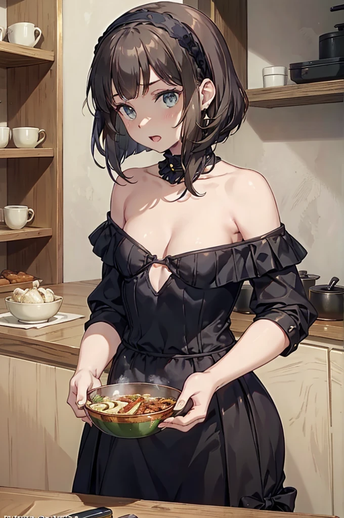 (small breasts:1.3), (perky chest:1.1), (pointed chest:1.0), (fashion magazine cover:1.3)，(from below:1.0),(from side:0.9),masterpiece, 1girl, Amazing Cleavage:1.1, thin waist, big ass, Raised sexy, small breast: 1.3, posed cleavage:1.2、solo, looking at viewer, open mouth, have a cute grass of cute beergrass,black hair, dark green eyes, dress, bare shoulders, jewelry, collarbone, sidelocks, hairband, earrings, indoors, off shoulder, :o, sweater, arms behind back, plant, short hair with long locks, gild hairband, off-shoulder dress, sweater dress, off-shoulder sweater, red sweater, dark gord hair, big side hair, very long side hair,is rendered in (masterpiece: 1.2, best quality), with (ultra high resolution) and an exquisite (depth of field). This masterpiece is not only visually stunning but also tells,A scene of cooking in the kitchen by classroom
