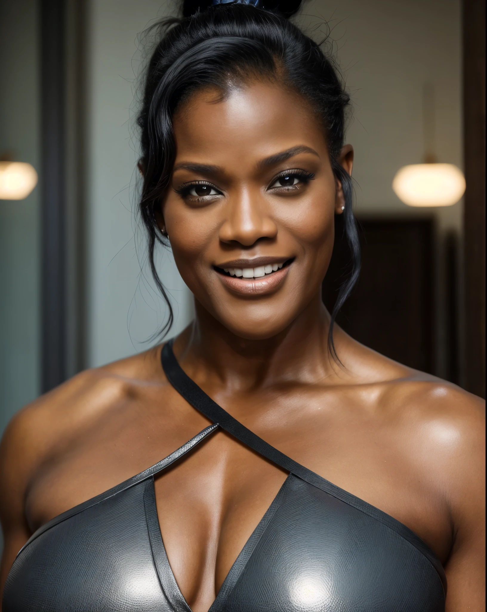Extremely gorgeous, stunning beauty, Full figured woman, heavy physique, Theresa Randle AS A WAKANDAN WARRIOR, DETAILS, GOOD SKIN, highly detailed, skin pores, sharp focus, amazing details,