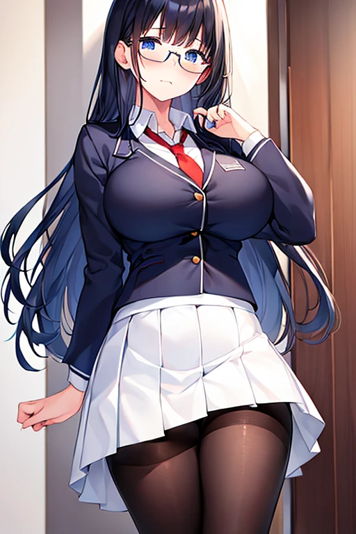 1girl, ((school uniform)), mature female, tall female, dark blue hair, black hair, long hair, wavy mouth, blue eyes, shy, timid, huge breasts, thick thighs, pantyhose, arms behind back, white skirt, skirt, red necktie, necktie, black jacket, jacket, pleated skirt, red glasses, glasses, ((black jacket)), ((white skirt))