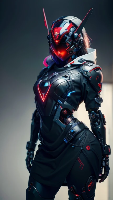 obra maestra, mejor calidad, a closeup of a futuristic looking cyborg girl with a fantastic cyber helmet head with red triangular LED lights and a halo, vestido con una chaqueta Techwear negra, cuerpo entero fondo blanco