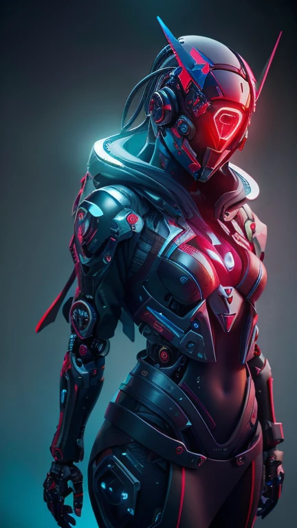 obra maestra, mejor calidad, a closeup of a futuristic looking cyborg girl with a fantastic cyber helmet head with red triangular LED lights and a halo, vestido con una chaqueta Techwear negra, cuerpo entero fondo blanco