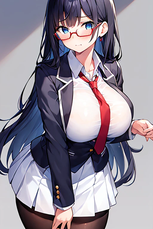 1girl, ((school uniform)), mature female, tall female, dark blue hair, black hair, long hair, wavy mouth, blue eyes, shy, timid, huge breasts, thick thighs, pantyhose, arms behind back, white skirt, skirt, red necktie, necktie, black jacket, jacket, pleated skirt, red glasses, glasses, ((black jacket)), ((white skirt)), ((red glasses))