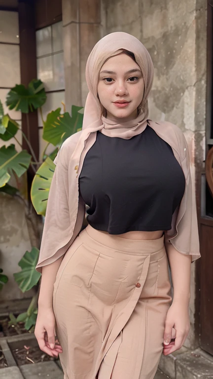 Masterpiece, high quality, best quality:1.45, sharp focus of face and skin, highly detailed face and body, ultra-realistic, POV, RAW, UHD, 8K, soft light, perfect face, expressive eyes, scored7_up, scored8_ up, scored9, blush, 1girl hijab, beauty, pale skin, (long hijab, closed hijab), thin face, doubleyelids, (giant breasted), big thigh, wearing closed kebaya, busty body, standing, long pencil batik skirt, front view, room background, 