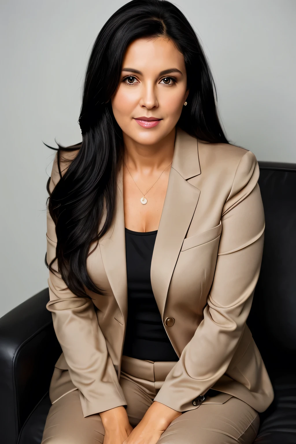create an ultra-realistic full-body image of a middle-aged woman, fair skin, medium breasts, beautiful big clear eyes and long black hair, fully clothed, wearing a black and beige suit