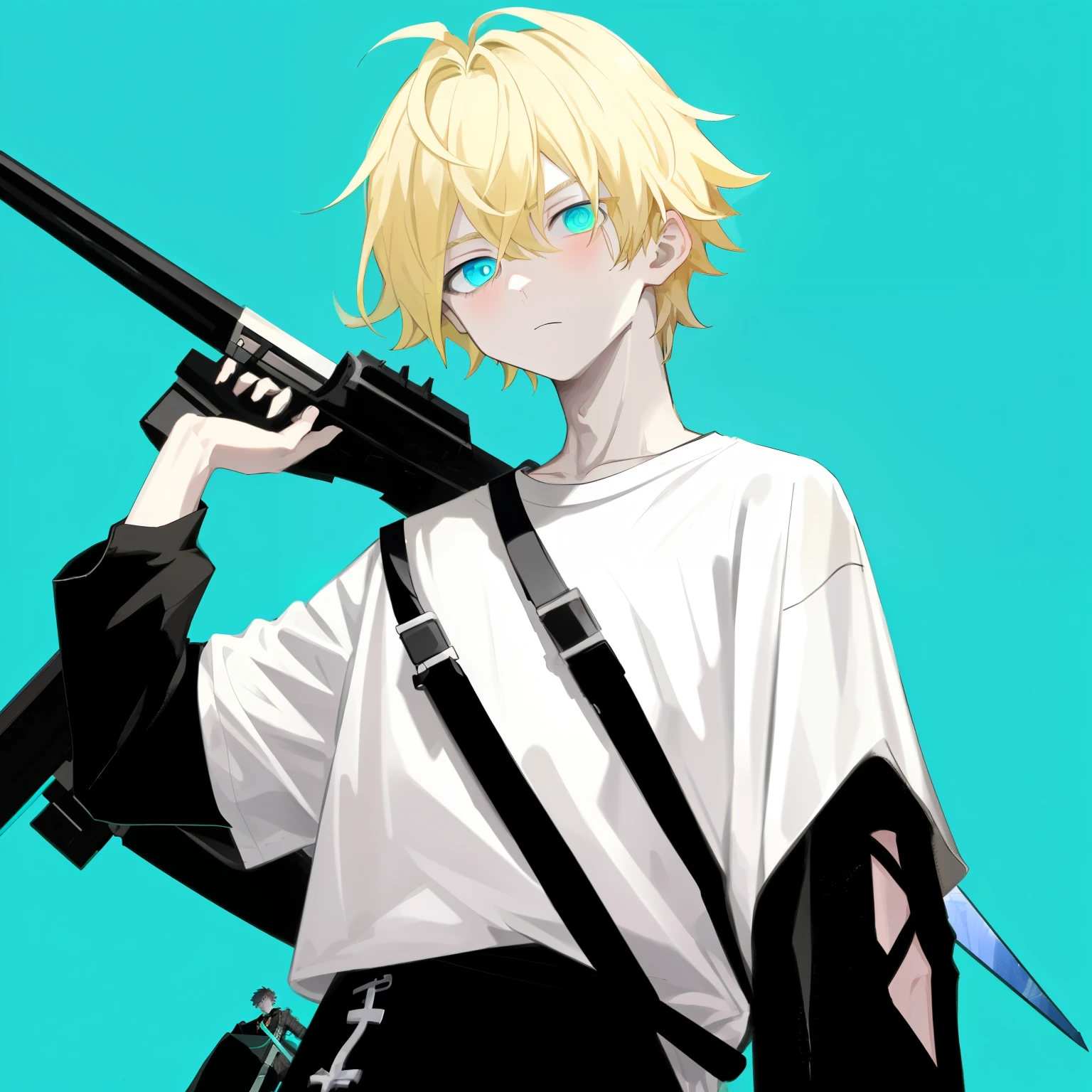 1boy, blonde_medium_hair, asymmetrical_bangs, cyan_eyes, black_loose_t-shirt, white_satchel_with_weapons, looking_down_at_viewer, bright_background