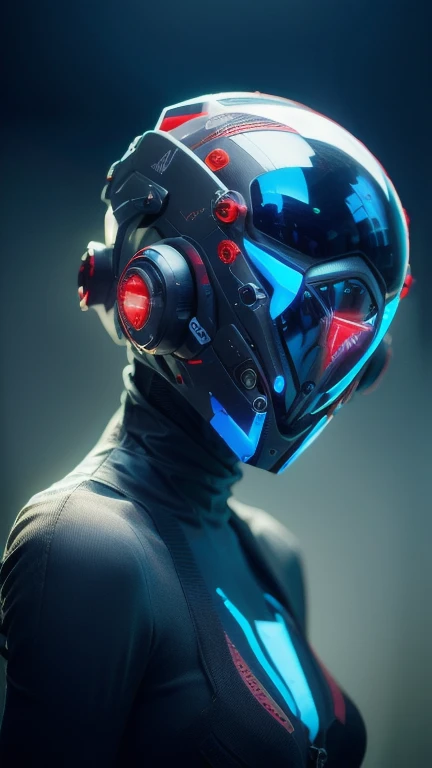 obra maestra, mejor calidad, a closeup of a futuristic looking cyborg girl with a fantastic cyber helmet head with red triangular LED lights and a halo, vestido con una chaqueta Techwear negra, cuerpo entero fondo blanco