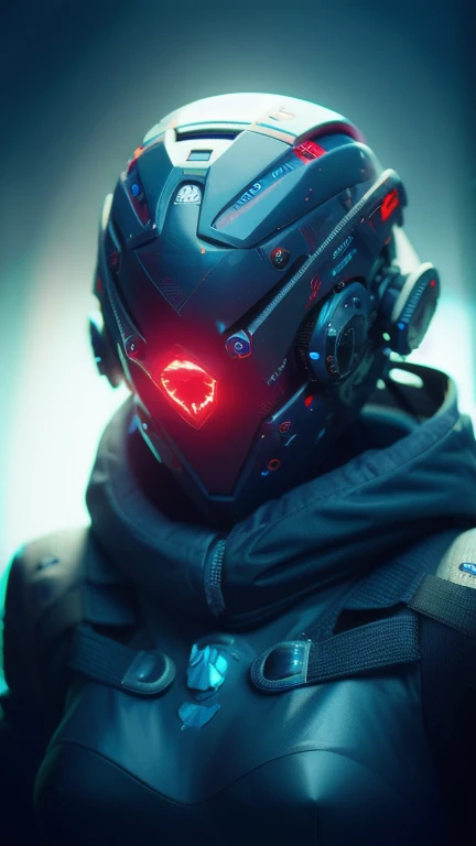 obra maestra, mejor calidad, a closeup of a futuristic looking cyborg girl with a fantastic cyber helmet head with red triangular LED lights and a halo, vestido con una chaqueta Techwear negra, cuerpo entero fondo blanco