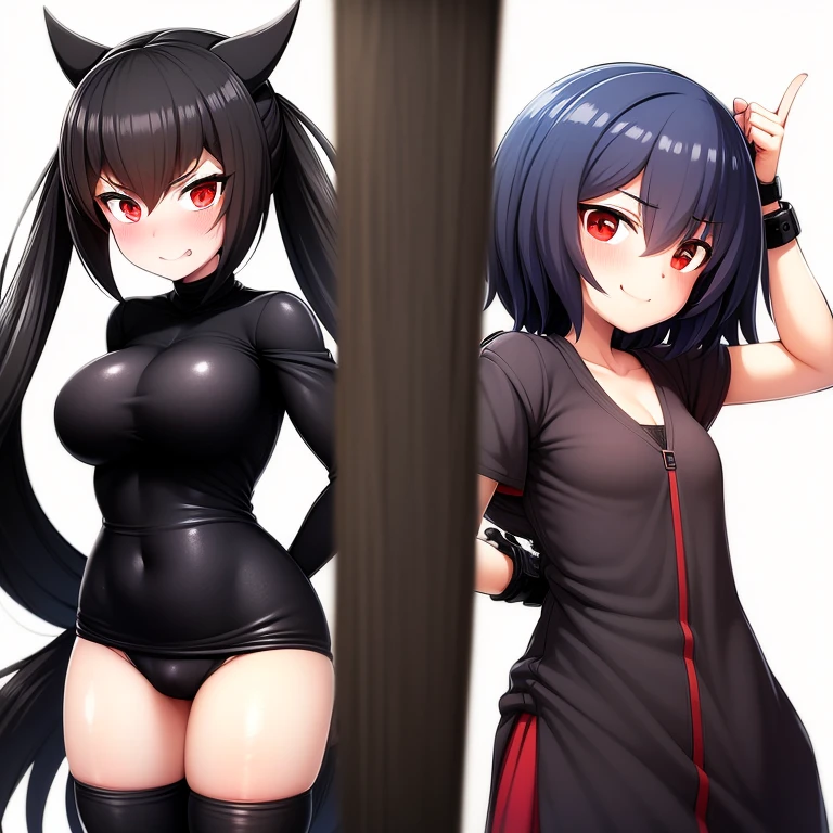 Ninja woman and mask and black hood and black shirt and black pants and black shoes and black hair and red eyes and cute and all black clothes and gloves and at school alone and she had her arms behind her back and she was at school and she was very cute