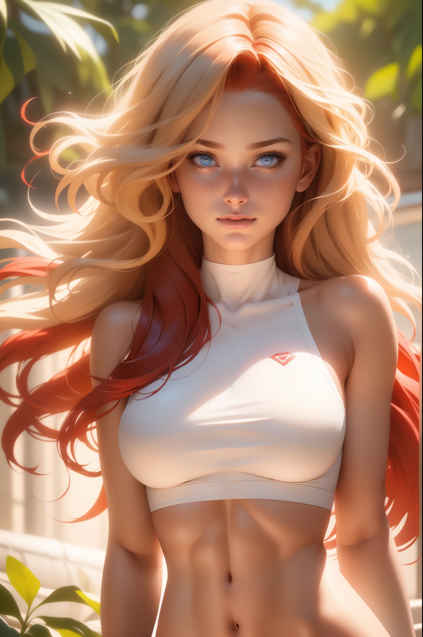 (1girl, 18 year olds),medium breasts, breasts,white female, red hair, blue eyes tan, dewy skin, sweaty skin, wavy blonde hair, beauty, ultra-realistic, ultra lifelike, 4k, unreal engine, film grain, perfect face, full body shot