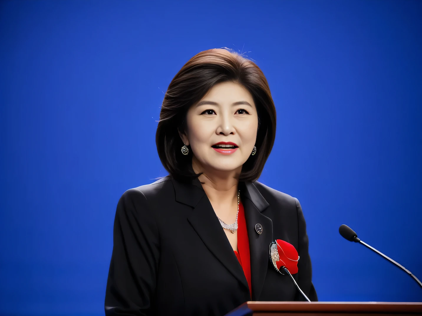 A female leader,Speaking at the microphone,woman,50 years old,Meeting background,Formal Meeting background,CPPCC Background,Wear a dark suit,Sit in front of you