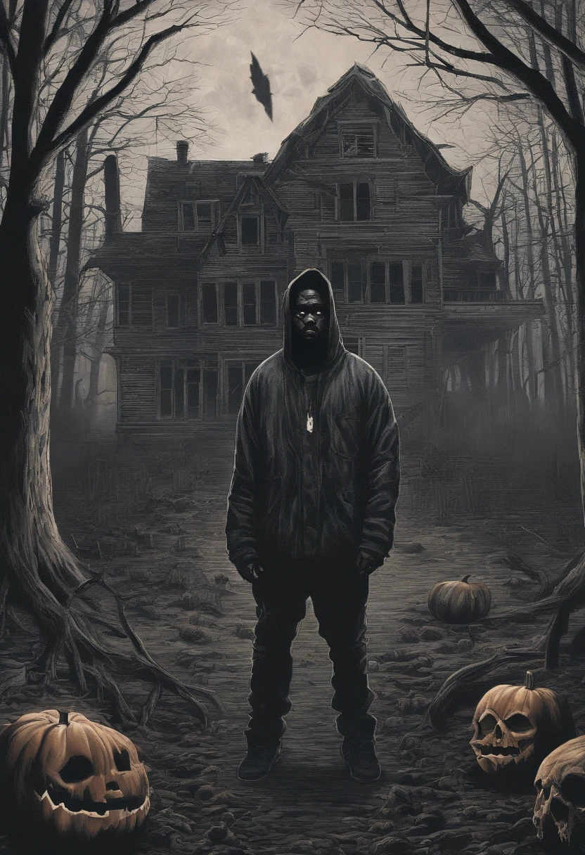 Kanye West in a haunted house holding a pumpkin
