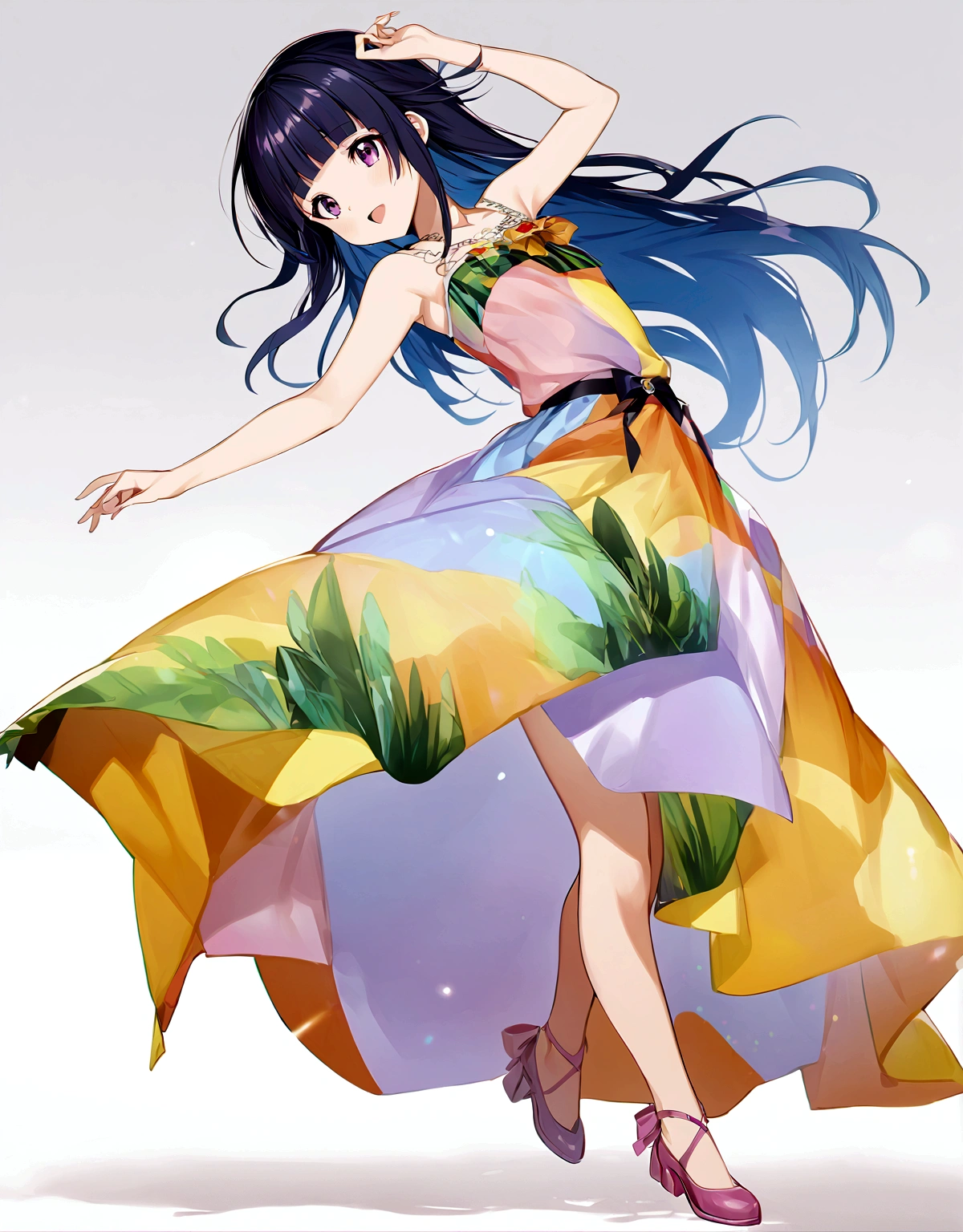 One girl, alone, Full Out Rika, cute, Blue Hair, Purple eyes, Long Hair, blunt bangs, bangs,Colorful Dresses