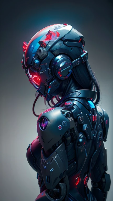 obra maestra, mejor calidad, a closeup of a futuristic looking cyborg girl with a fantastic cyber helmet head with red triangular LED lights and a halo, vestido con una chaqueta Techwear negra, cuerpo entero fondo blanco