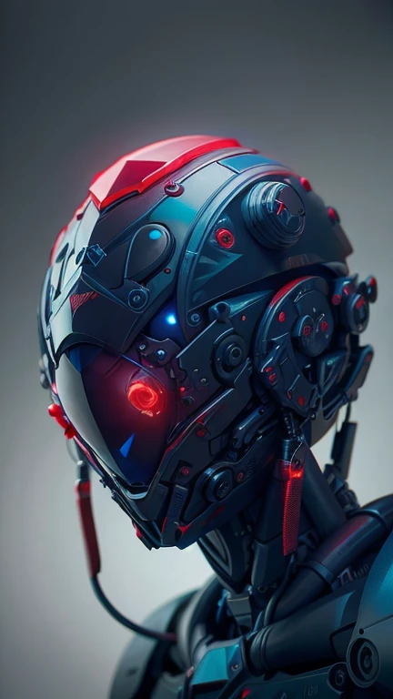 obra maestra, mejor calidad, a closeup of a futuristic looking cyborg girl with a fantastic cyber helmet head with red triangular LED lights and a halo, vestido con una chaqueta Techwear negra, cuerpo entero fondo blanco