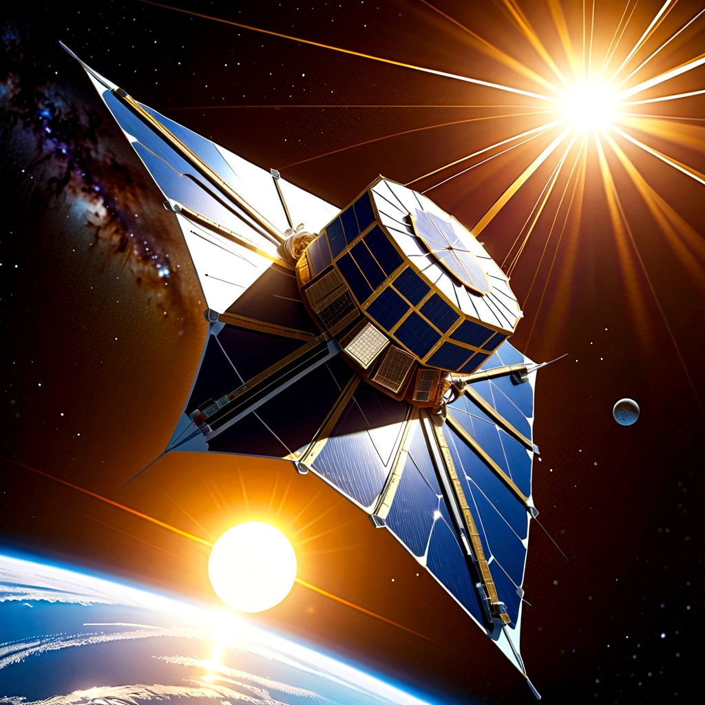 solar sails, solar sail in space, solar sail infront of sun, solarpunk space ship, orbiting space ships,  spacecraft,  photo still, detailed spacecraft, photo from space, high tech spaceships, space junk