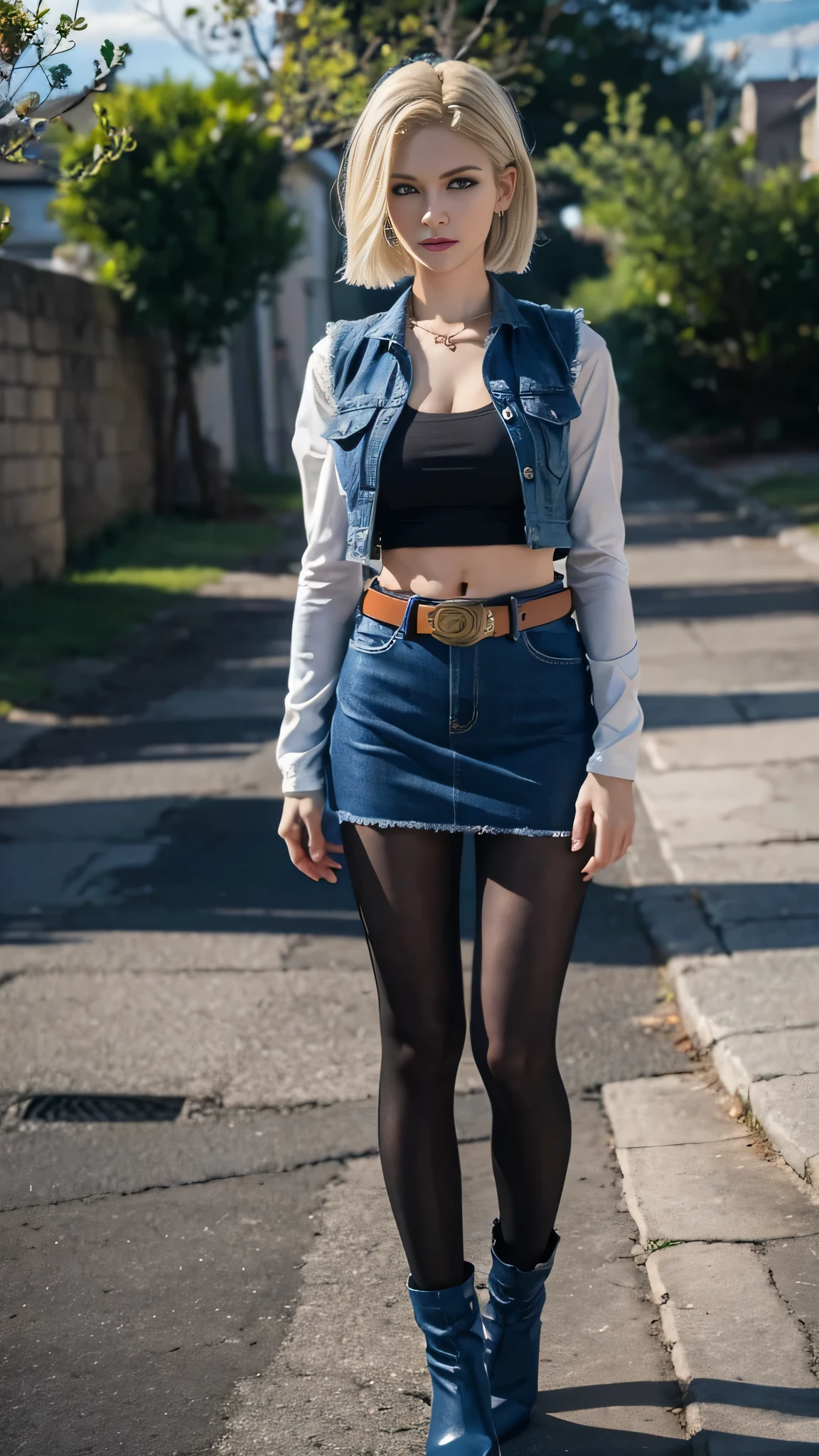 8K, real image, intricate details, super detailed,(realistic),
and 18, (1 girl),(solo)、 android 18, blonde hair, blue eyes, belt, jeans, pearl_necklace, bracelet, white gloves, white shirt, short hair, short sleeve, earrings, Blue skirt, pantyhose, open vest, black vest, ((full body, standing, idle)), outdoors, sky
