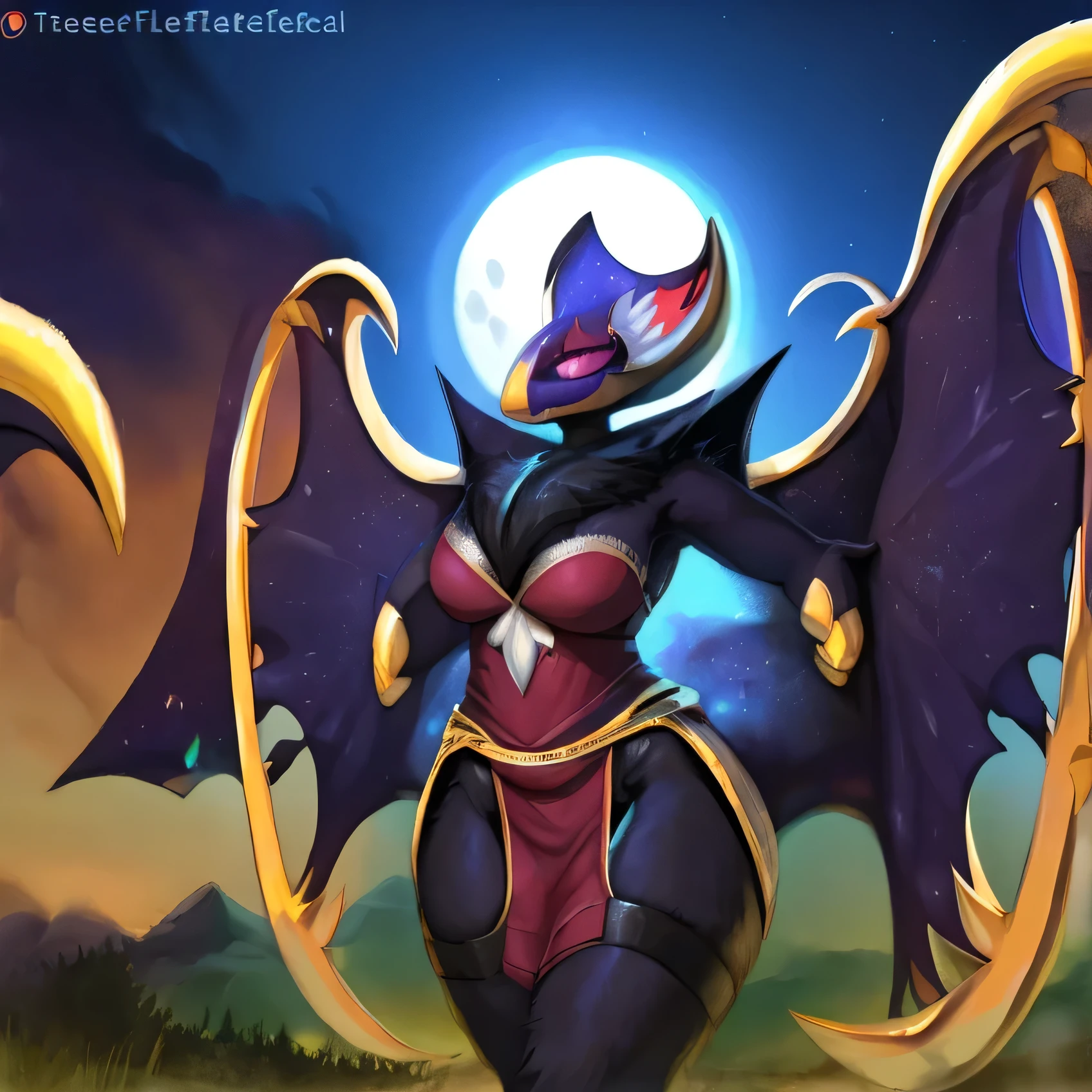 lunala ,anthro, arms, hands, purple body, bat wings, big breasts, big tits, yellow nipples, thin waist, big ass, pussy, anus, thick thighs, bare feet, stand, sweat,dry desert, wasteland, at night, full moon 