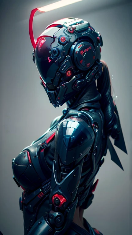 obra maestra, mejor calidad, a closeup of a futuristic looking cyborg girl with a fantastic cyber helmet head with red triangular LED lights and a halo, vestido con una chaqueta Techwear negra, cuerpo entero fondo blanco