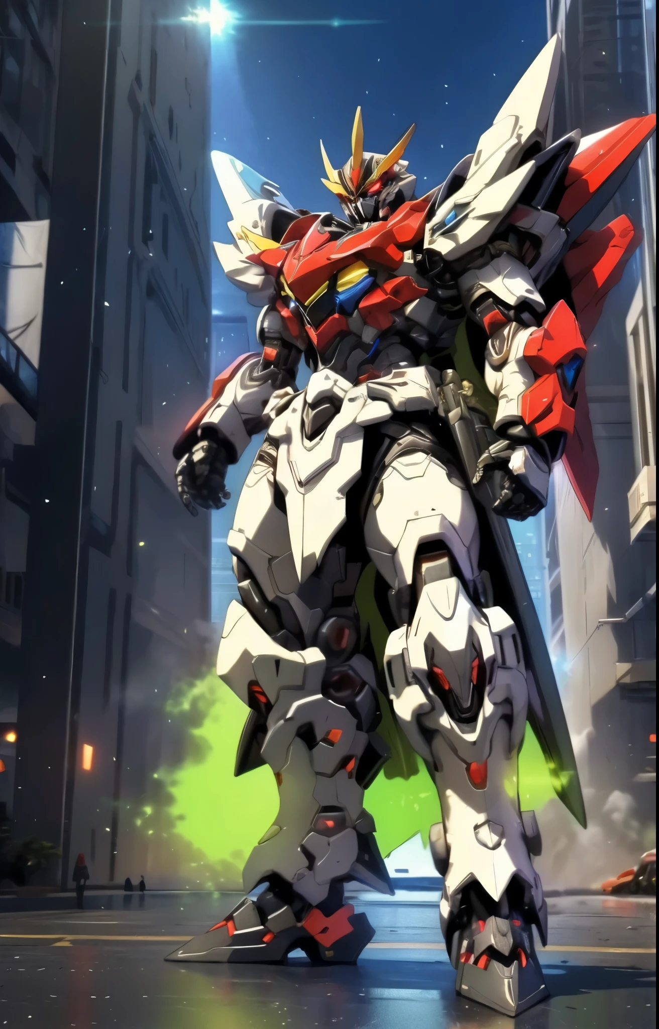 Humanoid Mecha, fully enclosed shoulder guards, matching arm and leg guards, full body, full armor, the design balances heavy with agility, (the color scheme is primarily white with red and blue accents, the concept Inspired by Super robot, organic biotech armor, standing, floating high above the futuristic sci-fi city), exquisite and mature art style, (aura effect, energy, glowing eyes, the armor glows), ((SRS)), metallic, dynamic, dramatic, high definition, best quality, highres, ultra-detailed, ultra-fine painting, extremely delicate, professional, perfect body proportions, anatomically correct, symmetrical face, extremely detailed eyes and face, high quality eyes, creativity, RAW photo, UHD, 32k, Natural light, cinematic lighting, masterpiece-anatomy-perfect, masterpiece:1.5