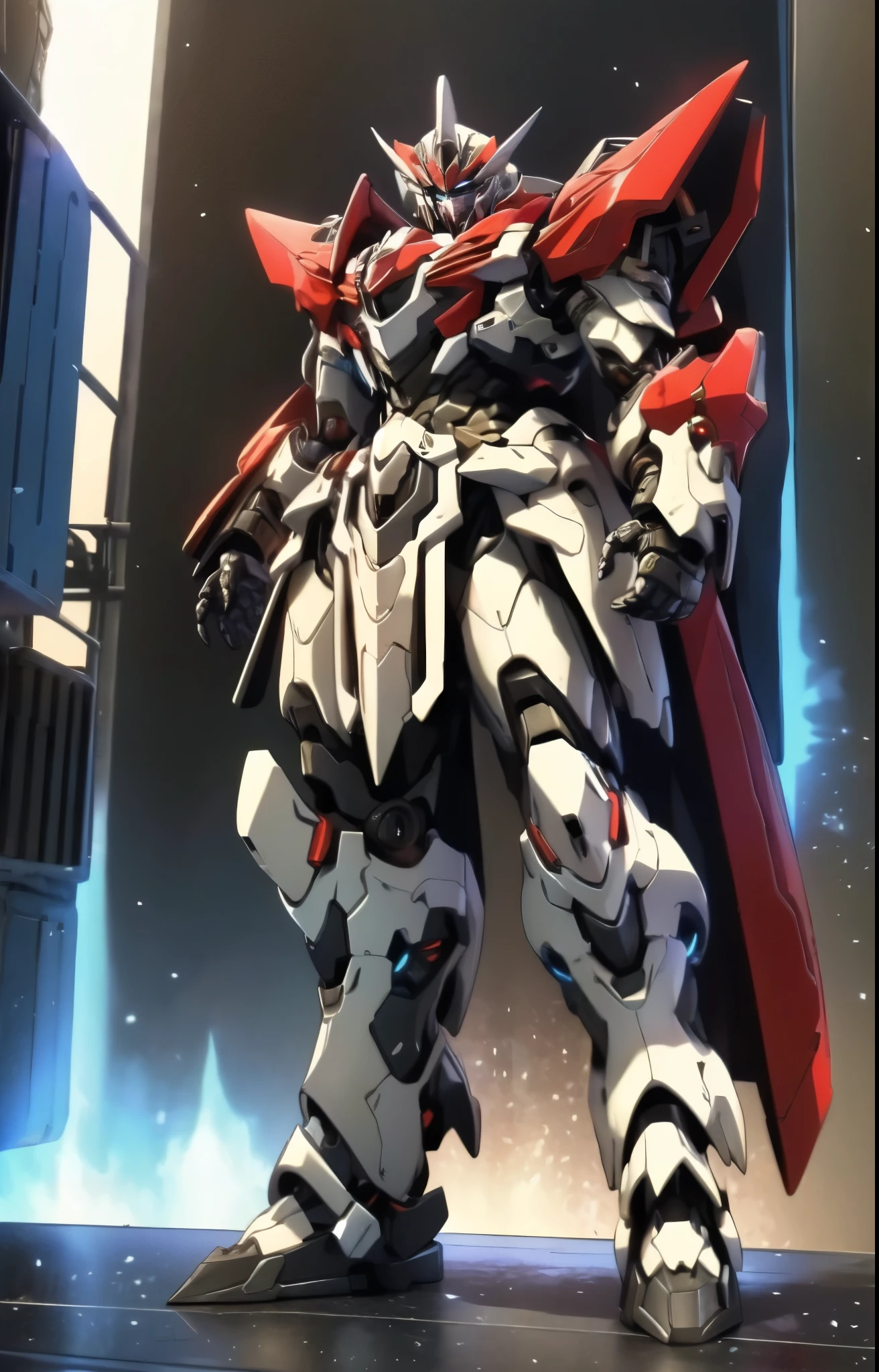 Humanoid Mecha, fully enclosed shoulder guards, matching arm and leg guards, full body, full armor, the design balances heavy with agility, (the color scheme is primarily white with red and blue accents, the concept Inspired by Super robot, organic biotech armor, standing, floating high above the futuristic sci-fi city), exquisite and mature art style, (aura effect, energy, glowing eyes, the armor glows), ((SRS)), metallic, dynamic, dramatic, high definition, best quality, highres, ultra-detailed, ultra-fine painting, extremely delicate, professional, perfect body proportions, anatomically correct, symmetrical face, extremely detailed eyes and face, high quality eyes, creativity, RAW photo, UHD, 32k, Natural light, cinematic lighting, masterpiece-anatomy-perfect, masterpiece:1.5