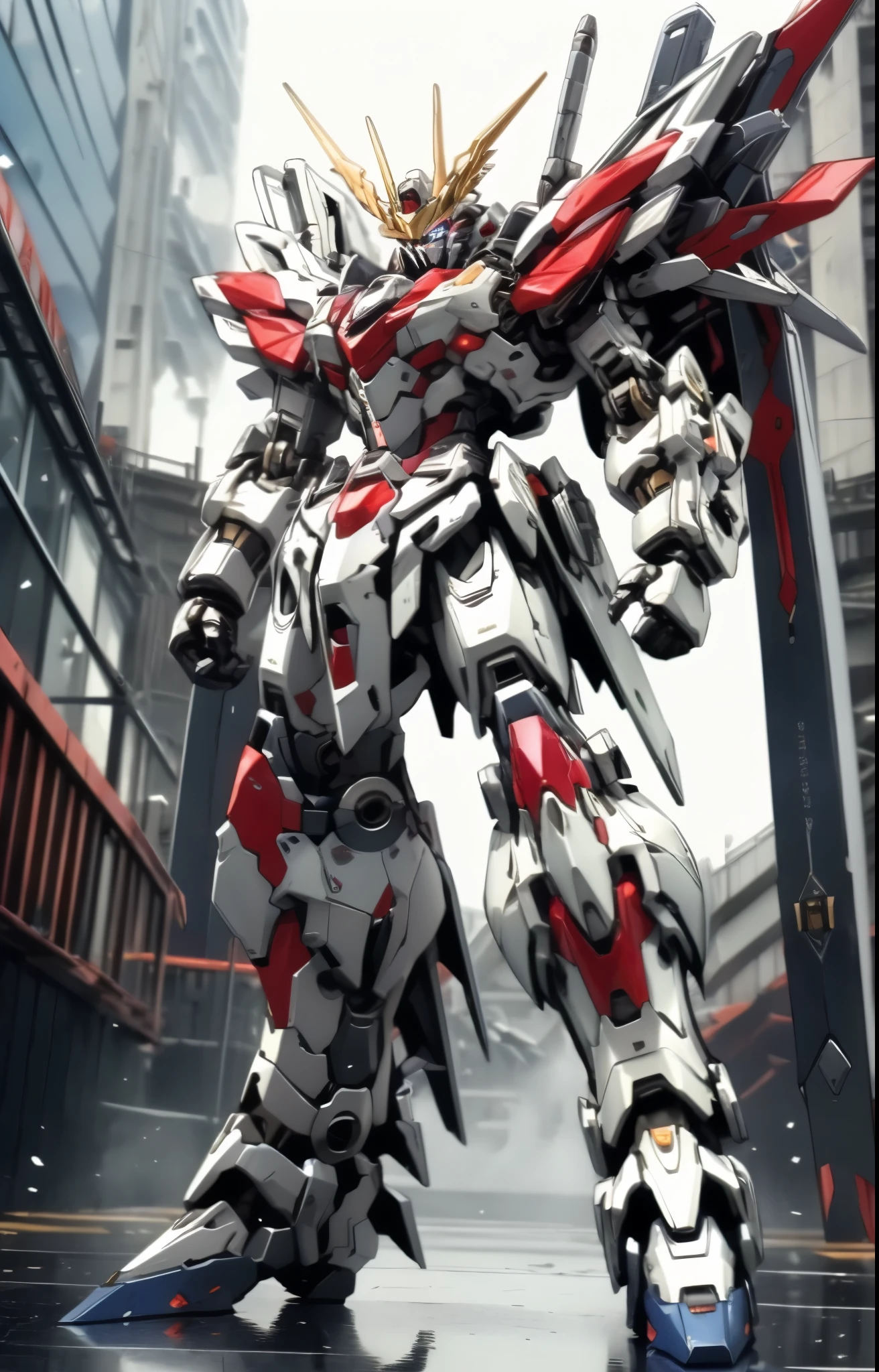 Humanoid Mecha, fully enclosed shoulder guards, matching arm and leg guards, full body, full armor, the design balances heavy with agility, (the color scheme is primarily white with red and blue accents, the concept Inspired by Super robot, organic biotech armor, standing, floating high above the futuristic sci-fi city), exquisite and mature art style, (aura effect, energy, glowing eyes, the armor glows), ((SRS)), metallic, dynamic, dramatic, high definition, best quality, highres, ultra-detailed, ultra-fine painting, extremely delicate, professional, perfect body proportions, anatomically correct, symmetrical face, extremely detailed eyes and face, high quality eyes, creativity, RAW photo, UHD, 32k, Natural light, cinematic lighting, masterpiece-anatomy-perfect, masterpiece:1.5