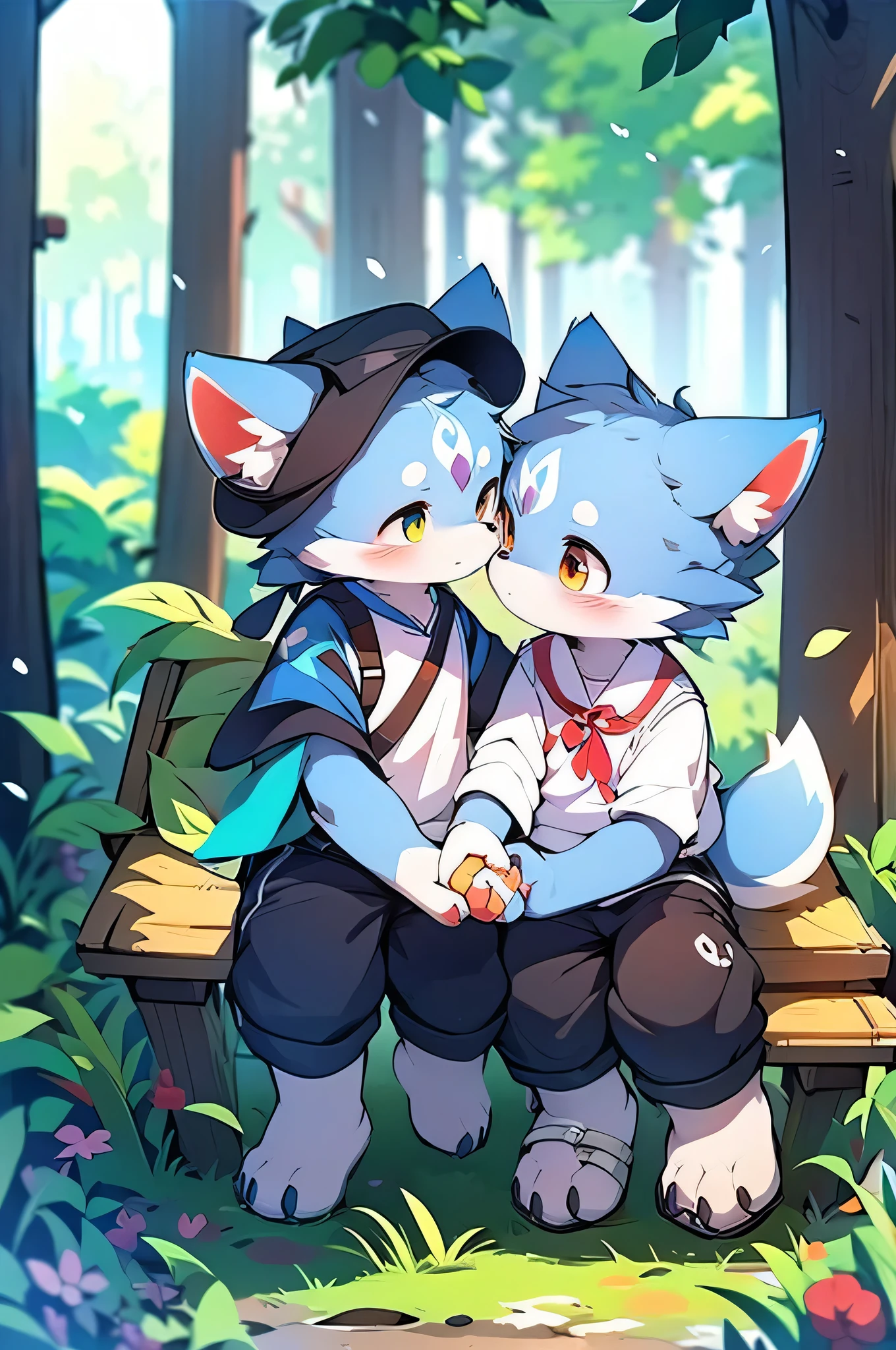 Blue fur, Canine, fox motif, Couple of girls and boys, uniform、A boy holding hands is kissing a girl,