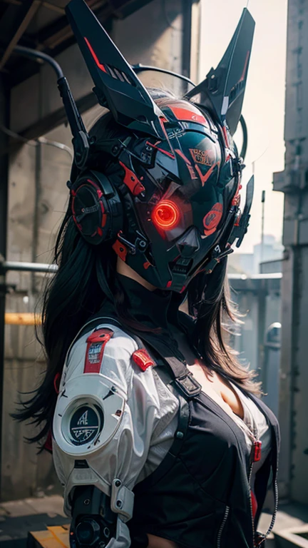 obra maestra, mejor calidad, a closeup of a futuristic looking cyborg girl with a fantastic cyber helmet head with red triangular LED lights and a halo, vestido con una chaqueta Techwear negra, cuerpo entero fondo blanco