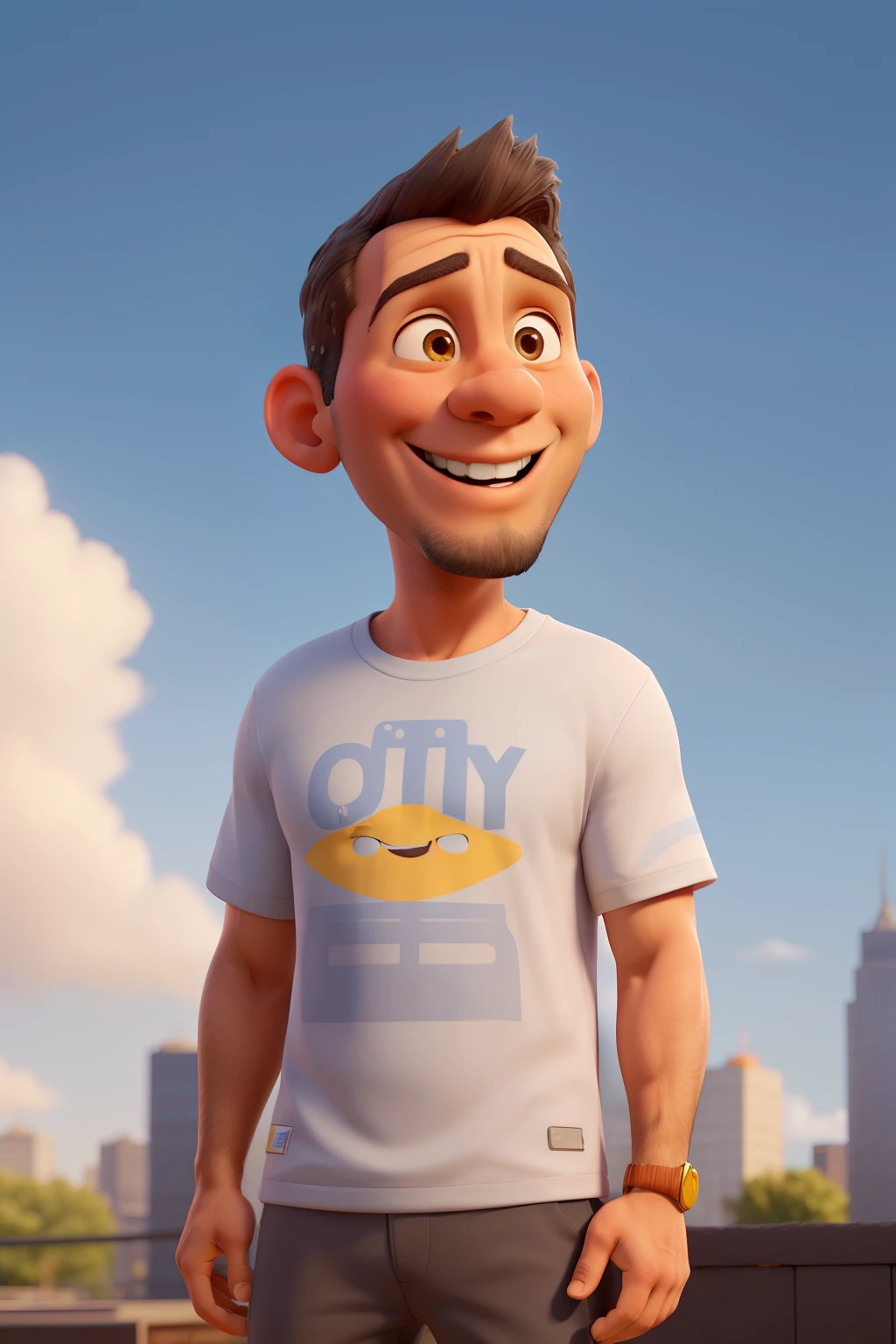 man, 42 years old, dark-skinned, bald, goatee with gray hairs, brown eyes, smile, friendly expression, looking up, hip hop shirt, yellow color, hip hop pants, blue color with white stripes, white sneakers, background, city, sunset, clouds, vibrant colors