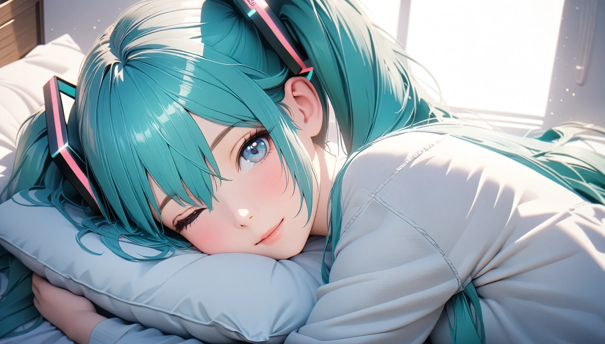 a girl, cyan hair, twin side ponytails, cyan eyes, Hatsune Miku, sleeping on bed, sleeping on pillow, happy expression, looking at viewer, boyfriend perspective, high quality 8k, detailed, photorealistic, soft lighting, pastel colors, cozy atmosphere