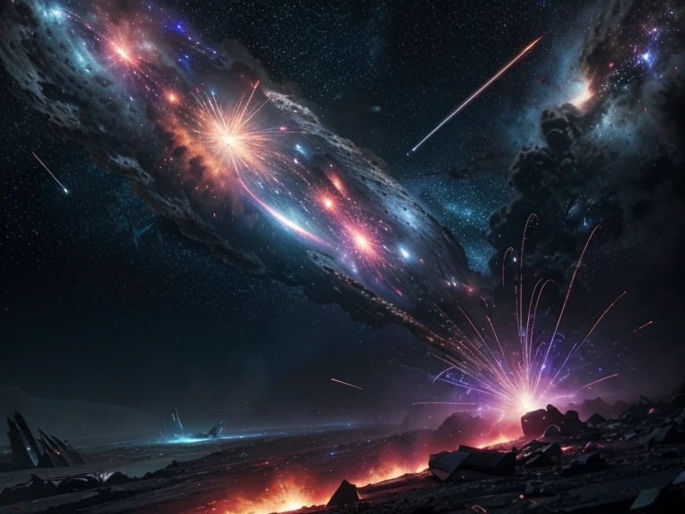 Create a vivid and dynamic image depicting an intense battle between two galaxies. The scene should show two massive galaxies colliding in the vastness of space, with bright, swirling colors of the galaxies' arms intermingling. Starships of various sizes and designs are engaged in fierce combat, firing lasers and missiles that illuminate the dark void. Explosions light up the scene, casting a dramatic glow on the debris and shattered fragments of destroyed vessels. In the background, distant stars and nebulae add depth to the cosmic battlefield. The overall atmosphere should be one of chaos, energy, and the sheer scale of intergalactic warfare.
