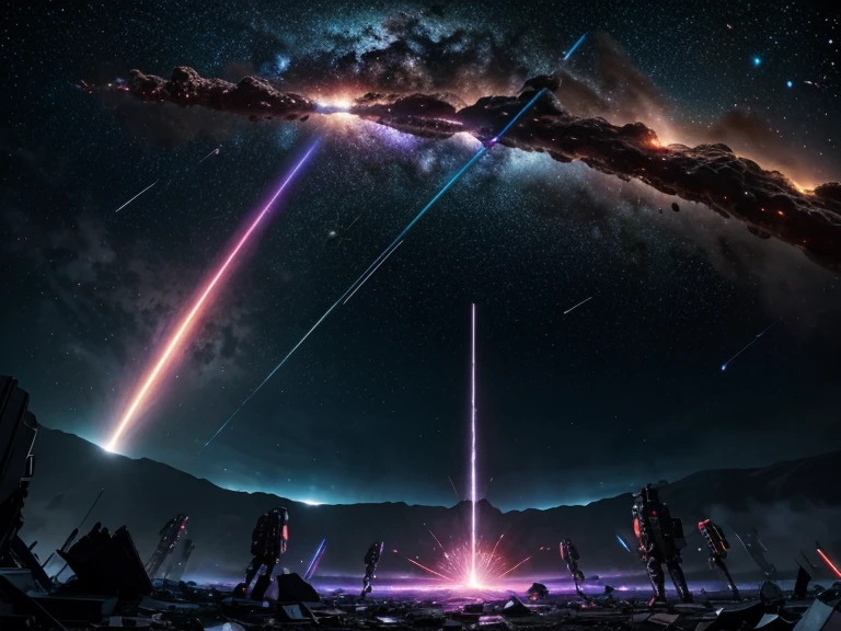 Create a vivid and dynamic image depicting an intense battle between two galaxies. The scene should show two massive galaxies colliding in the vastness of space, with bright, swirling colors of the galaxies' arms intermingling. Starships of various sizes and designs are engaged in fierce combat, firing lasers and missiles that illuminate the dark void. Explosions light up the scene, casting a dramatic glow on the debris and shattered fragments of destroyed vessels. In the background, distant stars and nebulae add depth to the cosmic battlefield. The overall atmosphere should be one of chaos, energy, and the sheer scale of intergalactic warfare.
