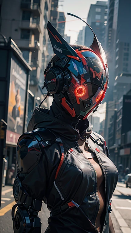 obra maestra, mejor calidad, a closeup of a futuristic looking cyborg girl with a fantastic cyber helmet head with red triangular LED lights and a halo, vestido con una chaqueta Techwear negra, cuerpo entero fondo blanco