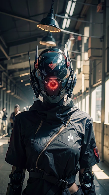 obra maestra, mejor calidad, a closeup of a futuristic looking cyborg girl with a fantastic cyber helmet head with red triangular LED lights and a halo, vestido con una chaqueta Techwear negra, cuerpo entero fondo blanco