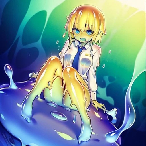 Slime girl, man, {office background}, {{tie, shirt, business suit}}, (melting legs:1.4), {{yellow hair, yellow skin}}, screaming, blue eyes, medium hair, {slime translucent skin},