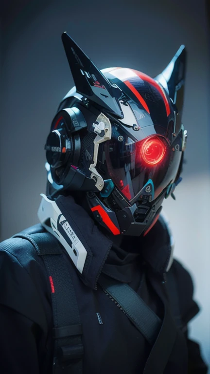 obra maestra, mejor calidad, a closeup of a futuristic looking cyborg girl with a fantastic cyber helmet head with red triangular LED lights and a halo, vestido con una chaqueta Techwear negra, cuerpo entero fondo blanco