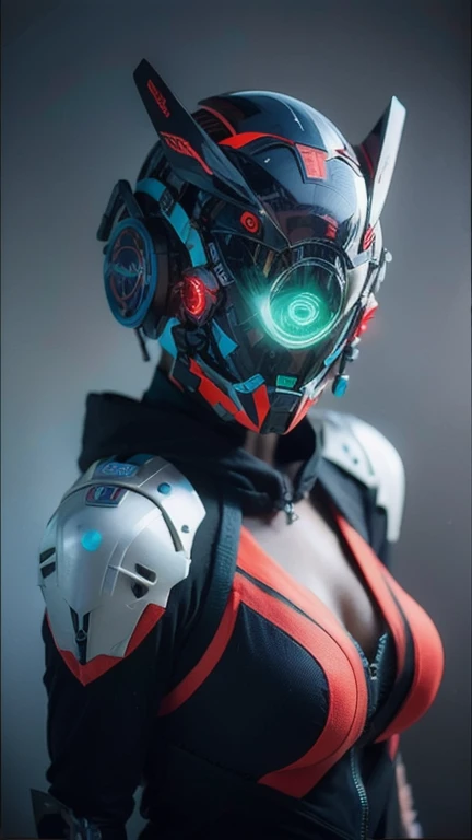 obra maestra, mejor calidad, a closeup of a futuristic looking cyborg girl with a fantastic cyber helmet head with red triangular LED lights and a halo, vestido con una chaqueta Techwear negra, cuerpo entero fondo blanco