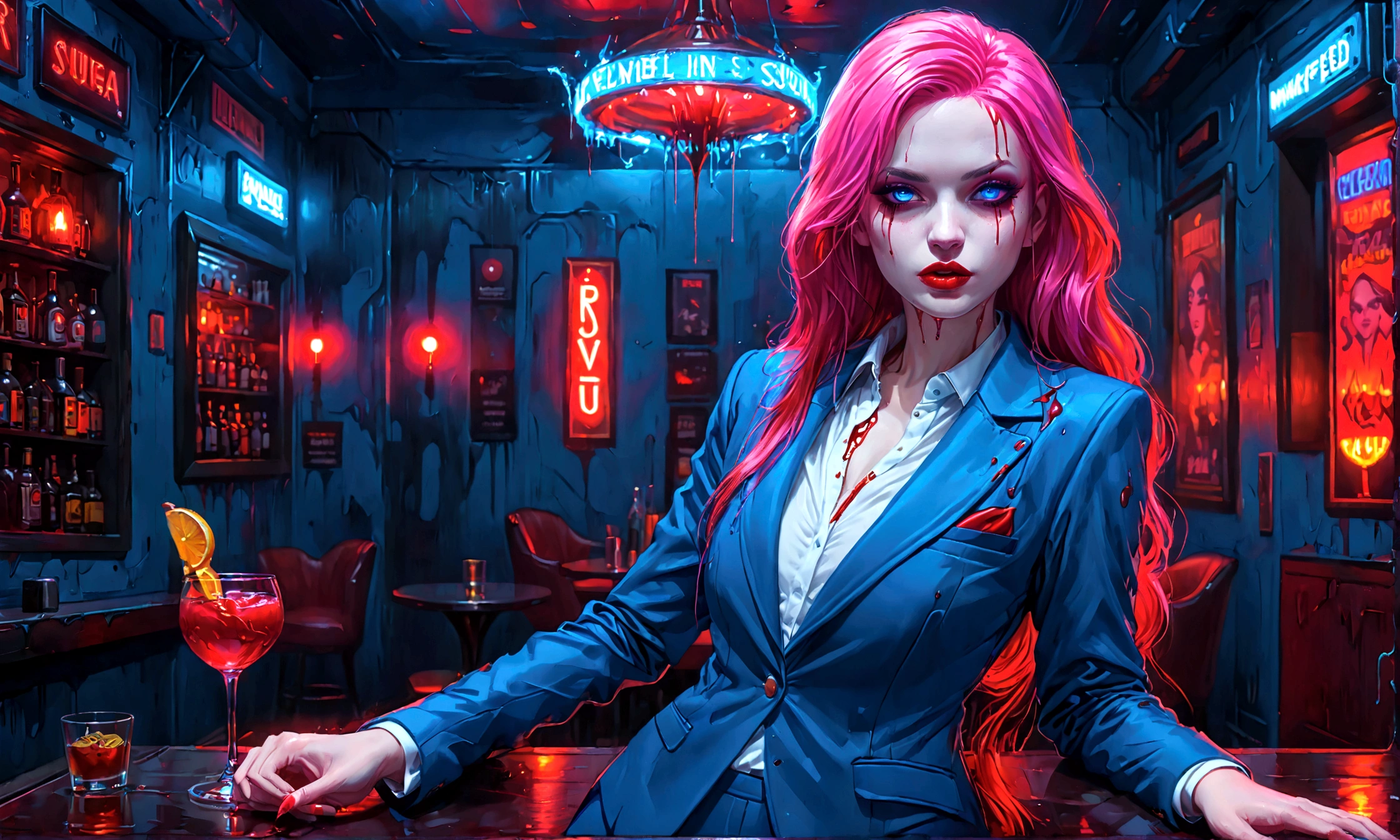 Arafed, dark fantasy art, glamour shot, award winning shot, photorealistic, a portrait of a female vampire, pink hair, long hair, red lips, glowing eyes, dynamic color, she wears, an elegant (blue suit: 1.5), blood dripping from lips, cyberpunk bar background, 16k, ultra detailed, masterpiece, best quality, (extremely detailed), Dark Art Painting Style