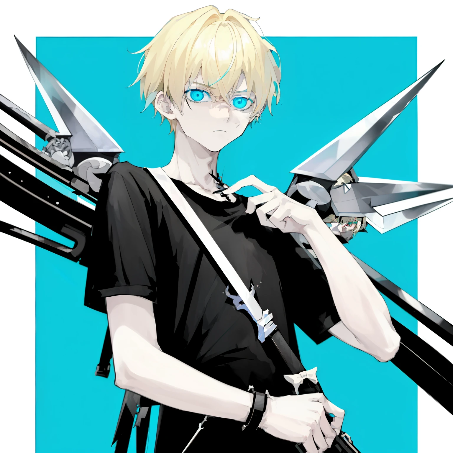 1boy, blonde_medium_hair, asymmetrical_bangs, cyan_eyes, black_loose_t-shirt, white_satchel_with_weapons, looking_down_at_viewer, bright_background