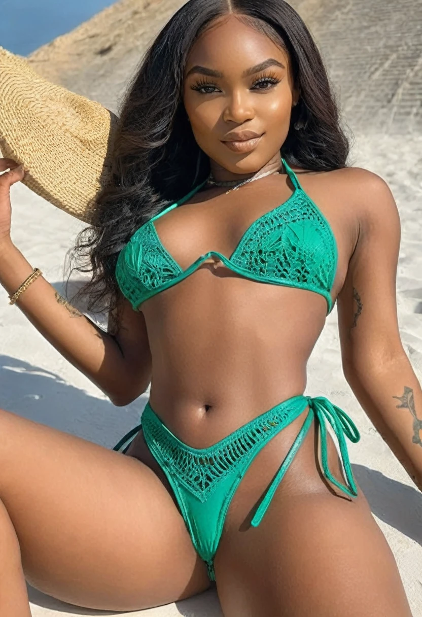 ((high quality:1.2)), Work of art, (8k), extremely detailed, ((High detail:1.2)) ((best resolution)), (Hotlexi woman), Solo, 24 year old African female, (thong bikini), (fix his hand to be anatomically correct), (extremely beautiful face:1.24), (Photo /medium:1.2)/,
