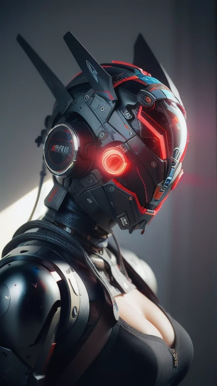 obra maestra, mejor calidad, a closeup of a futuristic looking cyborg girl with a fantastic cyber helmet head with red triangular LED lights and a halo, vestido con una chaqueta Techwear negra, cuerpo entero fondo blanco