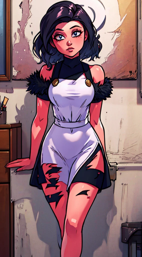Batman, the Dark Knight, stands confidently in a provocative pose, donning a revealing pink maid outfit. The tight-fitting uniform accentuates his muscular build, while the frilly apron and matching hat add a touch of whimsy to his imposing presence. Soft lighting casts a flattering glow on his skin, with subtle shadows highlighting the contours of his powerful physique. In the background, the dark and gothic Gotham can be seen, contrasting with the vibrant colors of Batman's attire. The overall composition is playful yet alluring, inviting the viewer to gaze upon this unexpected fusion of power and sensuality.