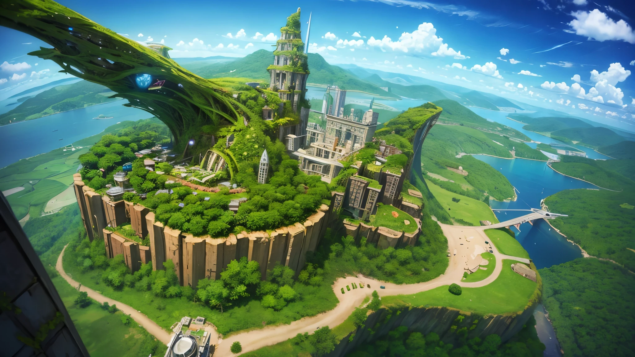 A flying city where vegetation has consumed part of it