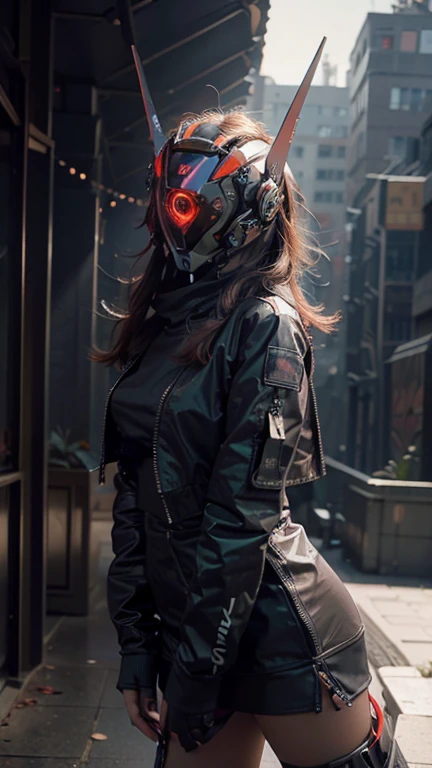 obra maestra, mejor calidad, a closeup of a futuristic looking cyborg girl with a fantastic cyber helmet head with red triangular LED lights and a halo, vestido con una chaqueta Techwear negra, cuerpo entero fondo blanco