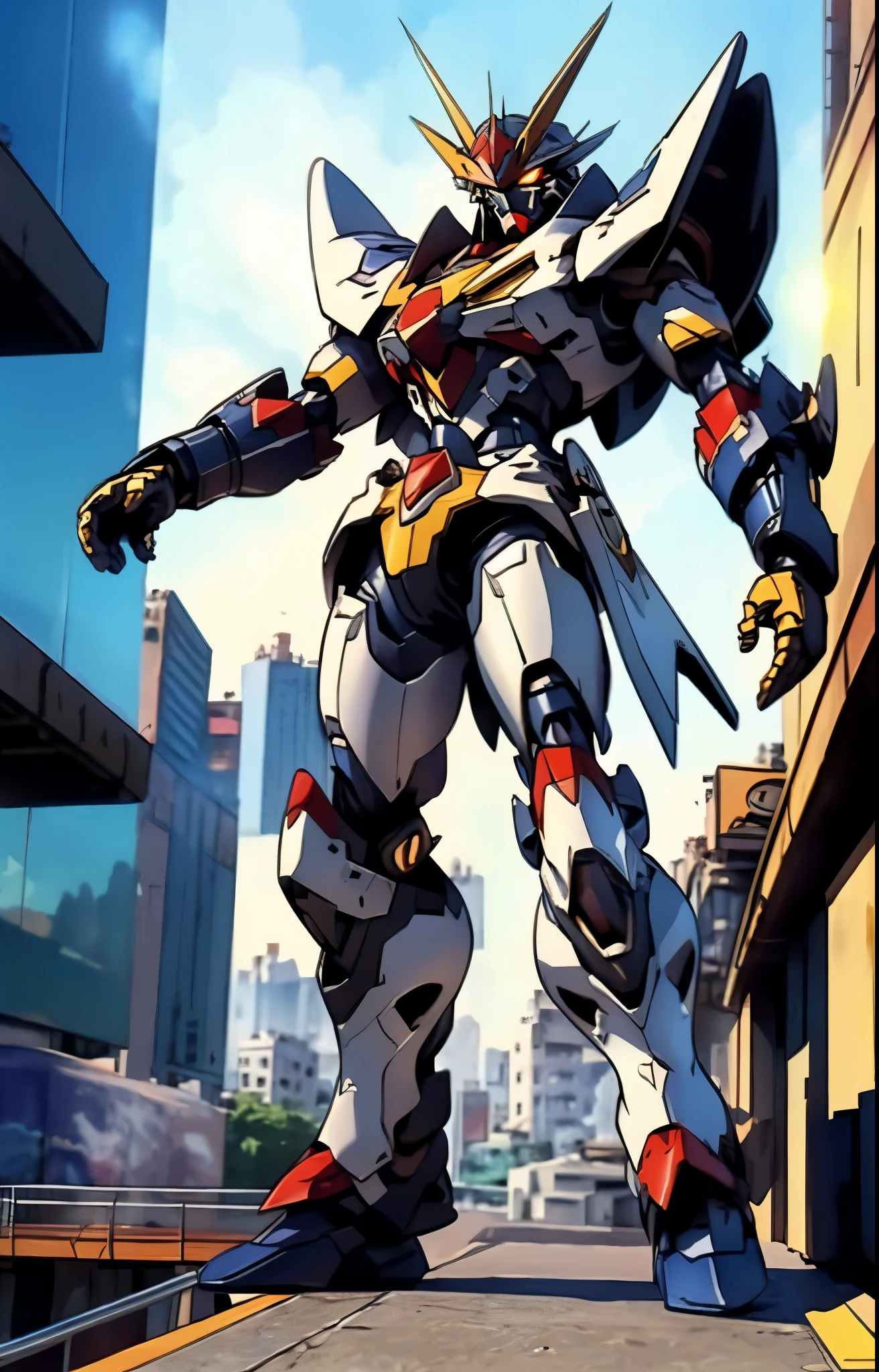 Humanoid Mecha, fully enclosed shoulder guards, matching arm and leg guards, full body, full armor, the design balances heavy with agility, (the color scheme is primarily white with red and blue accents, the concept Inspired by Super robot, organic biotech armor, standing, floating high above the futuristic sci-fi city), exquisite and mature art style, (aura effect, energy, glowing eyes, the armor glows), ((SRS)), metallic, dynamic, dramatic, high definition, best quality, highres, ultra-detailed, ultra-fine painting, extremely delicate, professional, perfect body proportions, anatomically correct, symmetrical face, extremely detailed eyes and face, high quality eyes, creativity, RAW photo, UHD, 32k, Natural light, cinematic lighting, masterpiece-anatomy-perfect, masterpiece:1.5