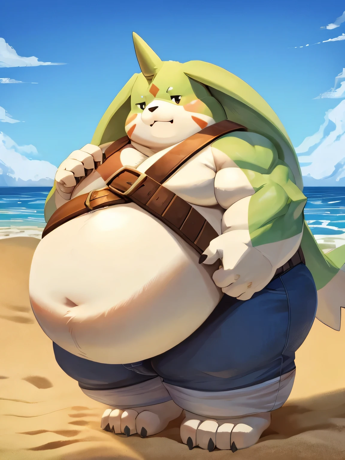 Gargomon、muscle-gut,  giant monsterountain of fat、The body is buried due to fat、The stomach is triangular、Extreme obesity、very thick fat、my stomach touches the ground、Stomach like a giant balance ball、Saggy belly,   Thick thighs、very tall、animal-like legs、Cheeks that store fat、thick and short arms、huge torso、thick neck、fat neck、sharp claws、legs buried in fat、thick and long tail、wearing pants、has belt,  thick twisted corners, on a beach, 